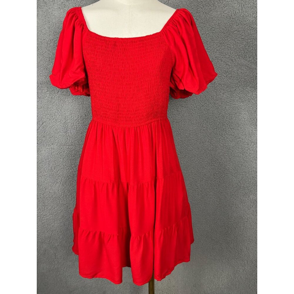 Zesica Women's Red Puff Sleeve Smocked Tiered Mini Dress Medium New With Tag's